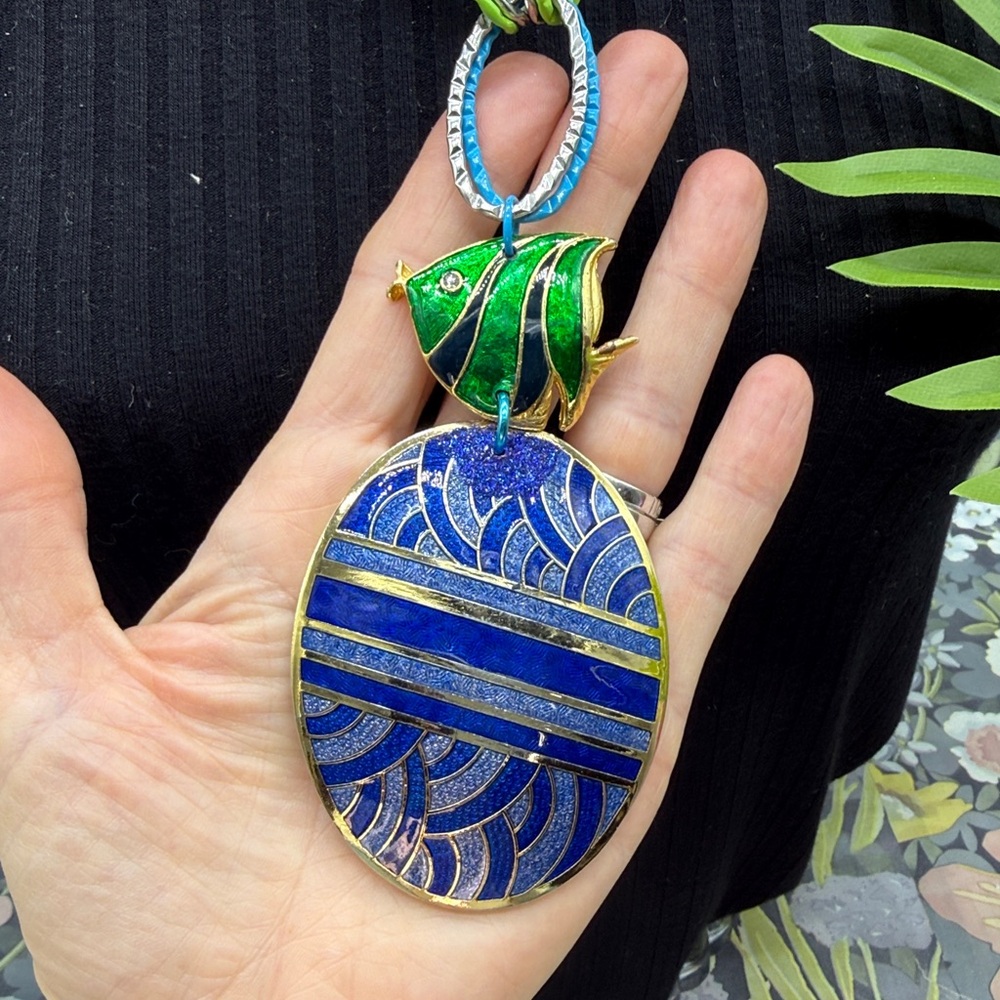 ⭐️Adorned Crown Jewelry assemblage fish blue enamel neon blue green necklace - Picture 2 of 10